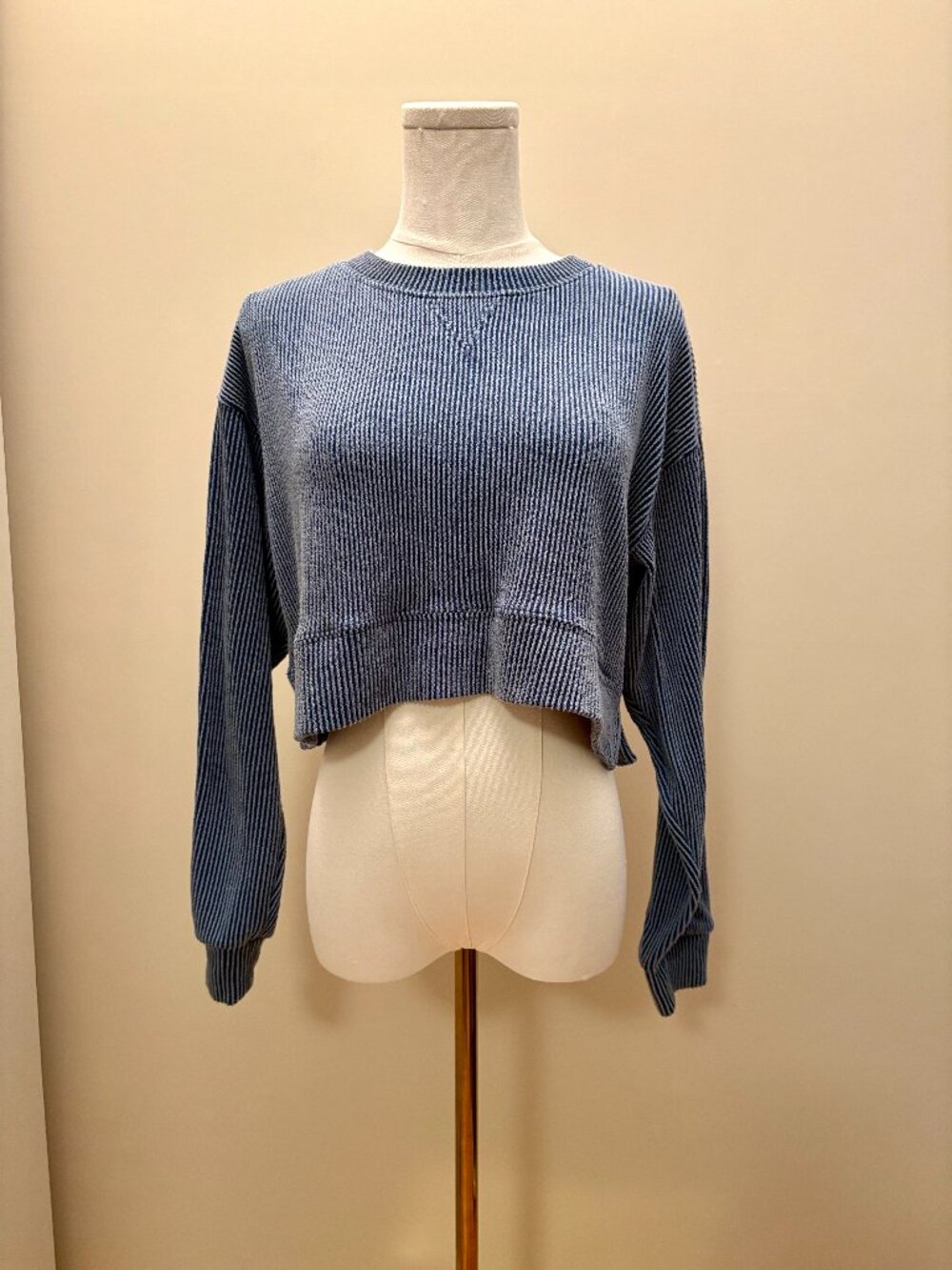 Lulus Slate Blue Textured Ribbed Long Sleeve Crop Top
